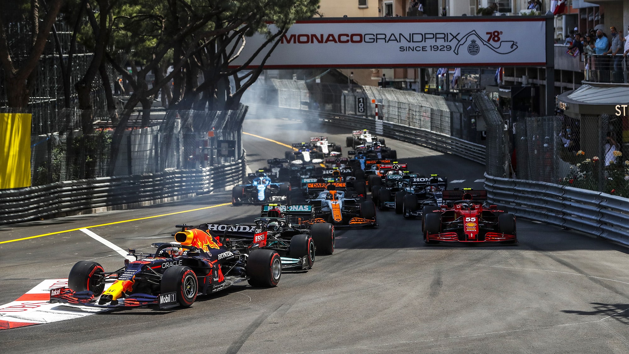 Max Verstappen leads at the start of the 2021 monaco Grand Prix