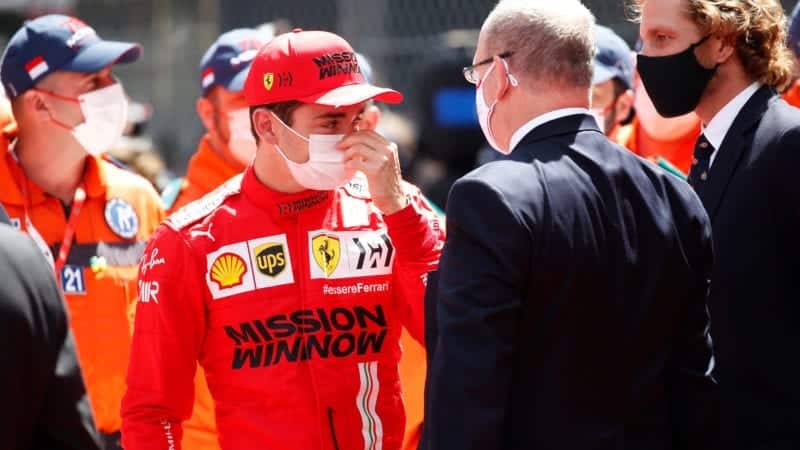 Prince Albert consoles Charles Leclerc after he was unable to start the 2021 Monaco Grand Prix