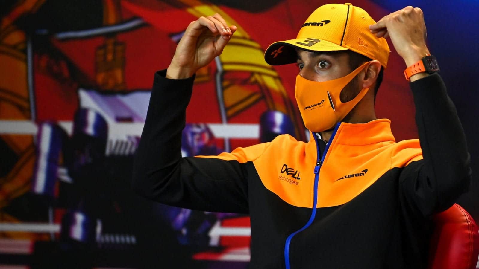 PORTIMAO, PORTUGAL - APRIL 29: Daniel Ricciardo of Australia and McLaren F1 talks in the Drivers Press Conference during previews ahead of the F1 Grand Prix of Portugal at Autodromo Internacional Do Algarve on April 29, 2021 in Portimao, Portugal. (Photo by Gabriel Bouys - Pool/Getty Images)