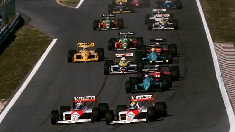 Ayrton Senna, Alain Prost, McLaren-Honda MP4/4, Grand Prix of Portugal, Estoril, 25 September 1988. (Photo by Paul-Henri Cahier/Getty Images)