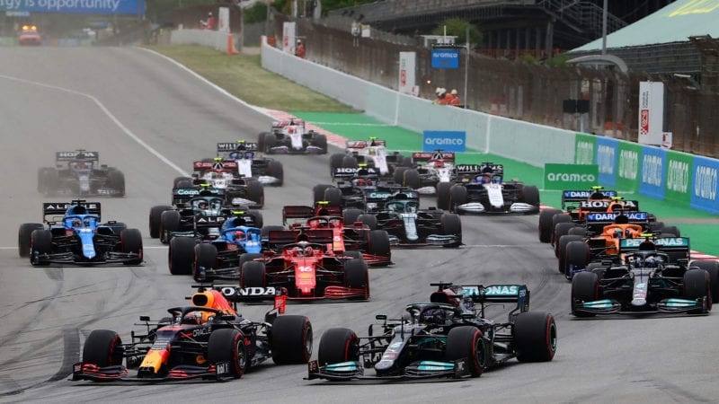 Drives take the start of the Spanish Formula One Grand Prix race at the Circuit de Catalunya on May 9, 2021 in Montmelo on the outskirts of Barcelona. (Photo by LLUIS GENE / AFP) (Photo by LLUIS GENE/AFP via Getty Images)