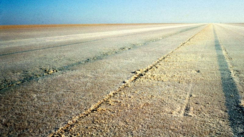 Surface of Lake Eyre after Bluebird land speed record attempt in 1964