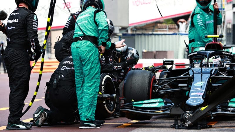 Valtteri Bottas in the pits during the 2021 Monaco Grand Prix