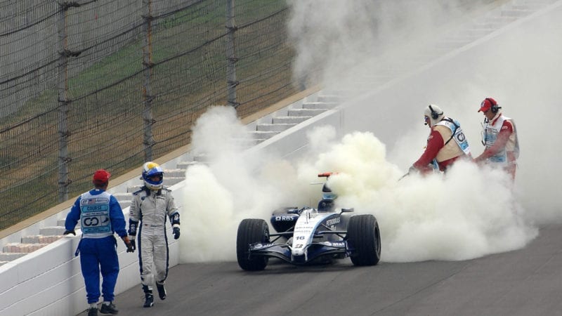 Williams of Nico Rosberg on fire at the 2007 US Grand prix