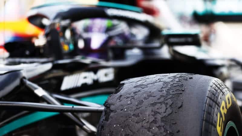 Worn tyres of Lewis Hamiltons Mercedes after the 2021 Spanish Grand Prix