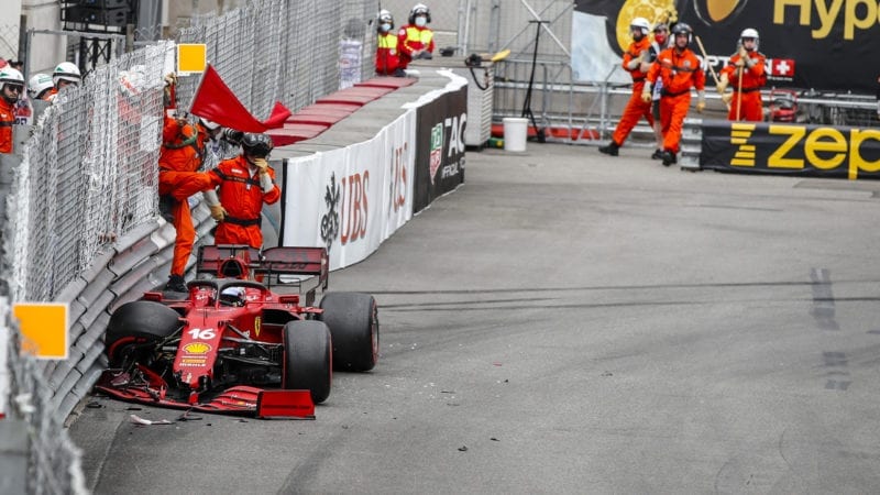 charles leclerc crashes in qualifying for the 2021 f1 monaco grand prix - front
