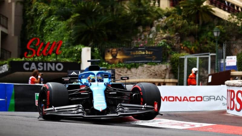 fernando alonso over the kerb of the hairpin in qualifying for the 2021 f1 monaco grand prix