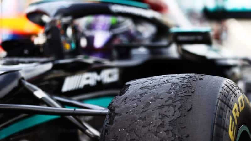BARCELONA, SPAIN - MAY 09: A detail view of a tyre on the car of Lewis Hamilton of Great Britain and Mercedes AMG Petronas in parc ferme after winning the F1 Grand Prix of Spain at Circuit de Barcelona-Catalunya on May 09, 2021 in Barcelona, Spain. (Photo by Dan Istitene - Formula 1/Formula 1 via Getty Images)