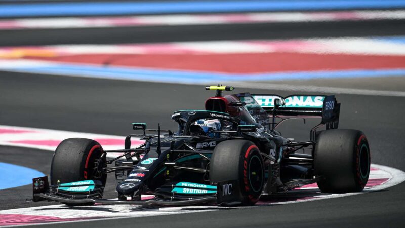 TOPSHOT - Mercedes' Finnish driver Valtteri Bottas drives during the first practice session at the Circuit Paul-Ricard in Le Castellet, southern France, on June 18, 2021, two days ahead of the French Formula One Grand Prix. (Photo by CHRISTOPHE SIMON / AFP) (Photo by CHRISTOPHE SIMON/AFP via Getty Images)