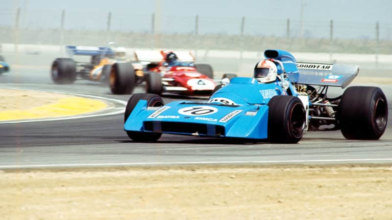 UNITED STATES - MARCH 30: 1971 Questor Grand Prix. Chris Amon(10) of Matra Sports in his MS 120B, drives in front of Mario Andretti(4) of Scuderia Ferrari. Andretti will go on to win the race in his flat twelve Ferrari 312B. (Photo by Bob D'Olivo/The Enthusiast Network via Getty Images/Getty Images)