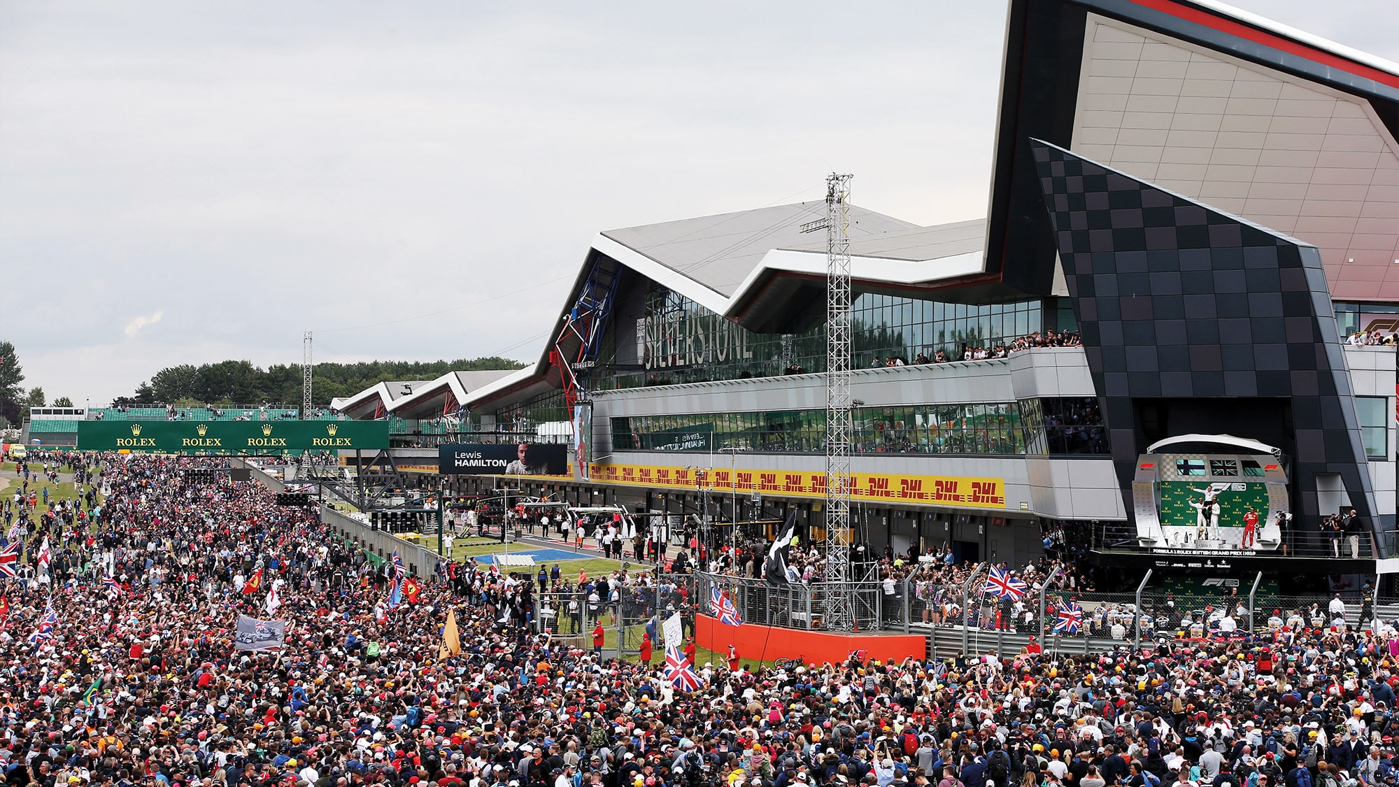 Crowds on the Silverstone circuit at the end of the British Grand Prix