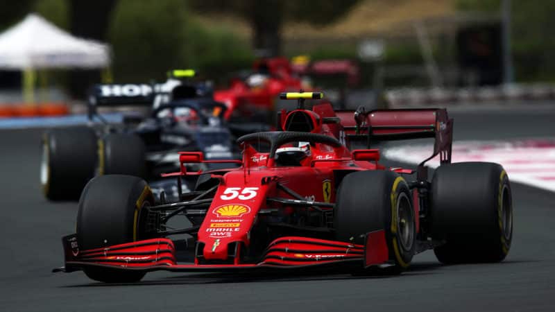 LE CASTELLET, FRANCE - JUNE 20: Carlos Sainz of Spain driving the (55) Scuderia Ferrari SF21 on track during the F1 Grand Prix of France at Circuit Paul Ricard on June 20, 2021 in Le Castellet, France. (Photo by Joe Portlock - Formula 1/Formula 1 via Getty Images)