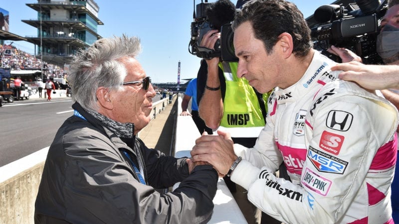 Helio Castroneves with Mario ANdretti after winning the 2021 Indy 500