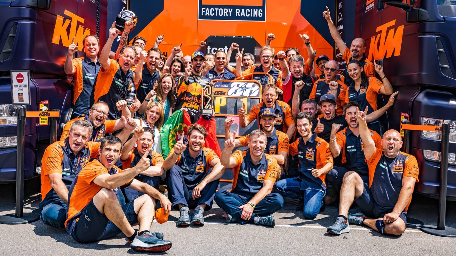 KTM team celebrates Miguel Oliviera win at the 2021 MotoGP Catalan GP