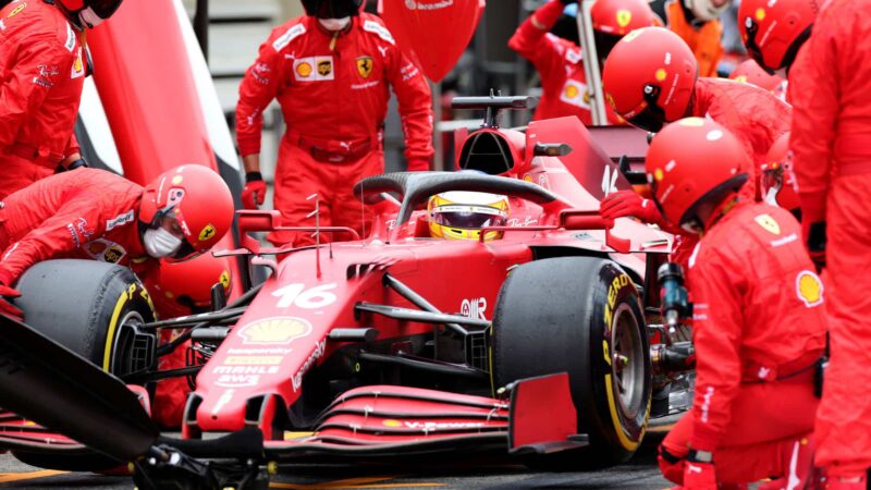 LE CASTELLET, FRANCE - JUNE 20: Charles Leclerc of Monaco driving the (16) Scuderia Ferrari SF21 makes a pitstop during the F1 Grand Prix of France at Circuit Paul Ricard on June 20, 2021 in Le Castellet, France. (Photo by Peter Fox/Getty Images)