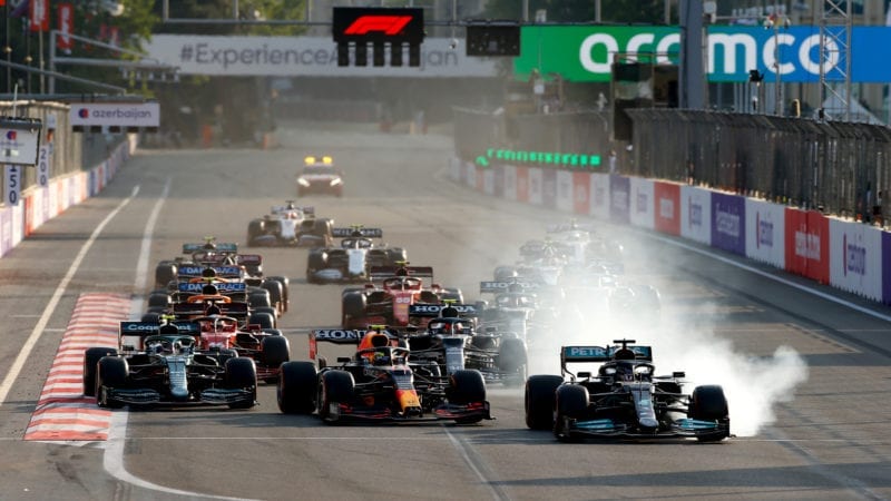 Lewis Hamilton locks up at the 2021 Azerbaijan GP restart