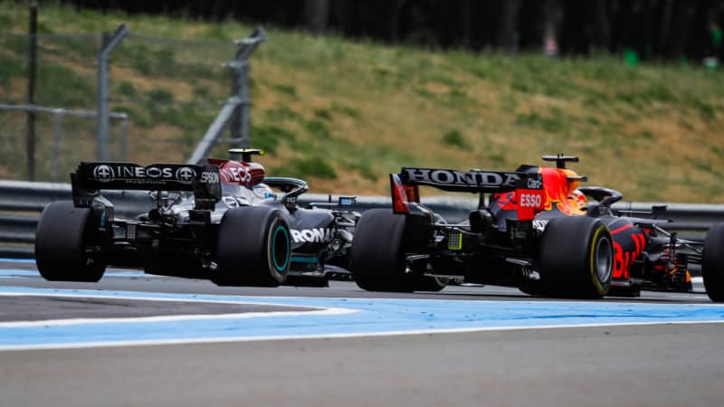 Max Verstappen passes Valtteri Botta in the 2021 French Grand Prix