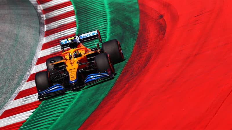 SPIELBERG, AUSTRIA - JUNE 26: Lando Norris of Great Britain driving the (4) McLaren F1 Team MCL35M Mercedes during qualifying ahead of the F1 Grand Prix of Styria at Red Bull Ring on June 26, 2021 in Spielberg, Austria. (Photo by Dan Istitene - Formula 1/Formula 1 via Getty Images)
