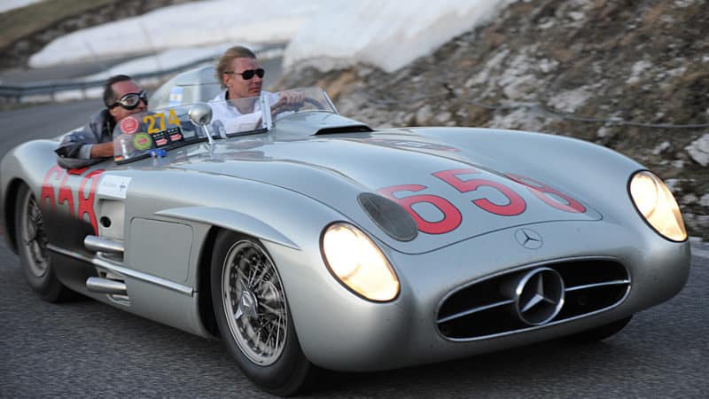 Mika Hakkinen driving a Mercedes 300 SLR in the 2011 Mille Miglia