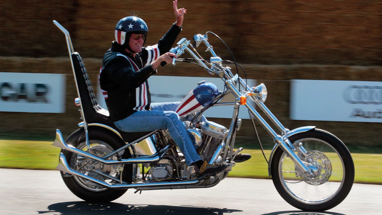 Peter Fonda rides a Harley Davidson at the Goodwood Festival of Speed