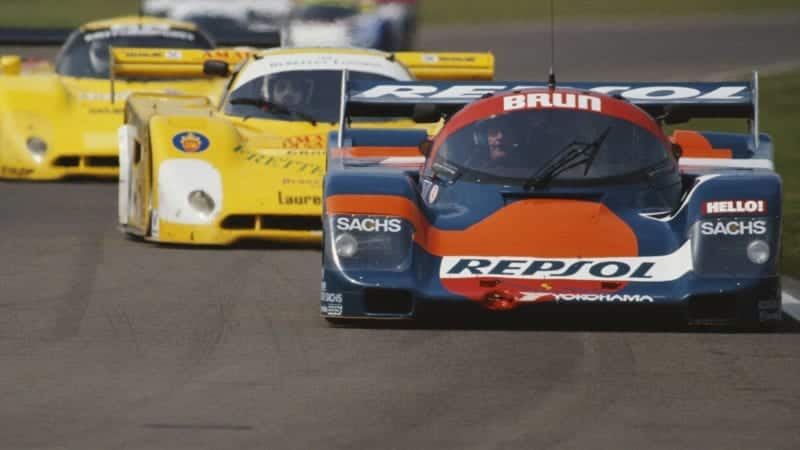 Walter Brun of Switzerland drives the #16 Repsol Brun Motorsport Porsche 962 C during the FIA World Sportscar Prototype Championship Empire Trophy on 20th May 1990 at the Silverstone Circuit in Silverstone, United Kingdom.(Photo by Darrell Ingham/Getty Images)