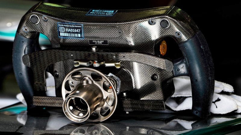 Rear view of 2014 Mercedes F1 steering wheel