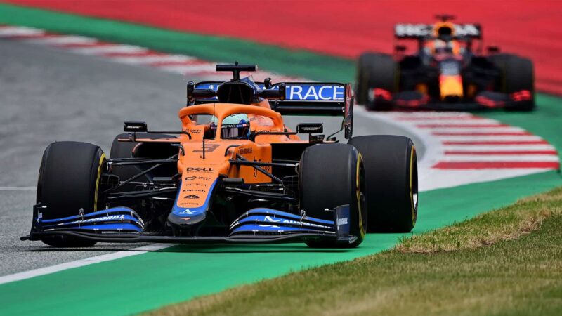 McLaren's Australian driver Daniel Ricciardo drives during the first practice session at the Red Bull Ring race track in Spielberg, Austria, on June 25, 2021, ahead of the Formula One Styrian Grand Prix. (Photo by ANDREJ ISAKOVIC / AFP) (Photo by ANDREJ ISAKOVIC/AFP via Getty Images)