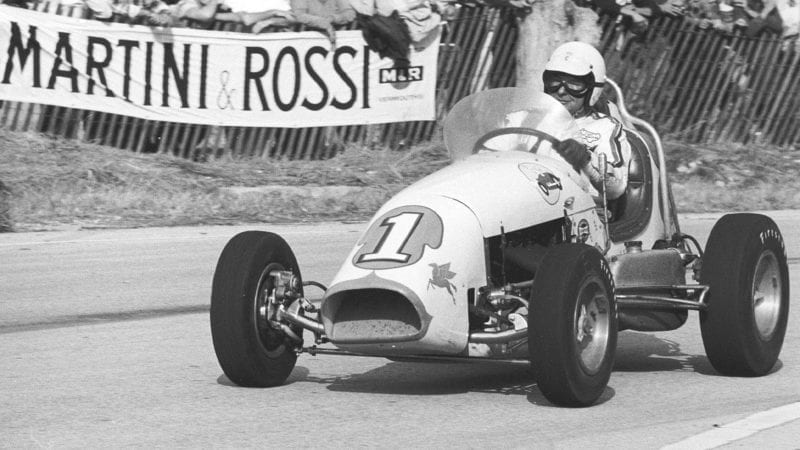 LAKEVILLE, CT — July 25, 1959: Rodger Ward surprised the racing world by driving Ken Brenn’s Kurtis Kraft Offenhauser-powered USAC Midget to victory in the USAC Road Racing Championship event at Lime Rock Park using his more nimble car to defeat the more powerful Maseratis, Aston Martins, Cooper Monacos, Ferraris and Jaguars. (Photo by ISC Images & Archives via Getty Images)