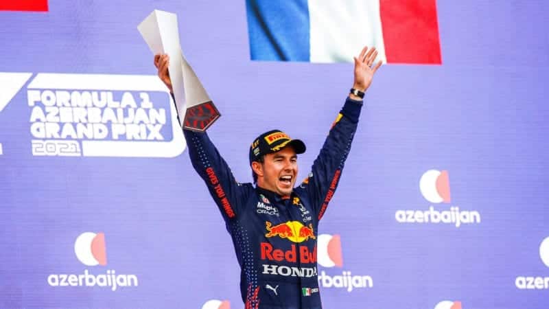 Sergio Perez celebrates winning the 2021 Azerbaijan GP