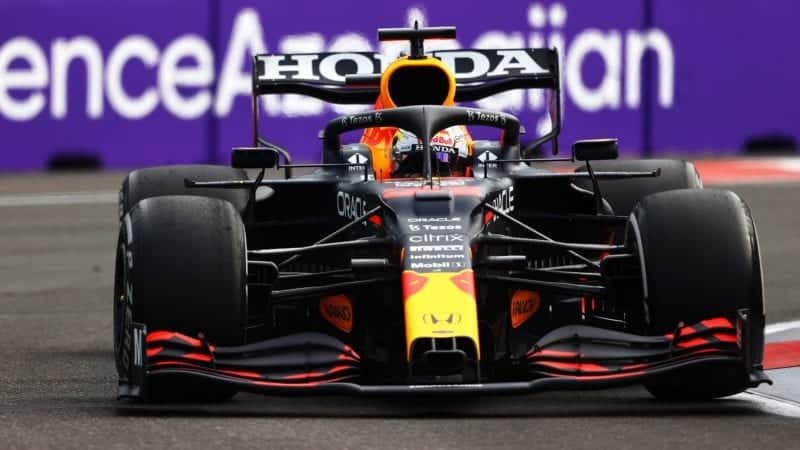 BAKU, AZERBAIJAN - JUNE 06: Max Verstappen of the Netherlands driving the (33) Red Bull Racing RB16B Honda on track during the F1 Grand Prix of Azerbaijan at Baku City Circuit on June 06, 2021 in Baku, Azerbaijan. (Photo by Francois Nel/Getty Images)