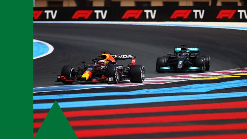 LE CASTELLET, FRANCE - JUNE 20: Max Verstappen of the Netherlands driving the (33) Red Bull Racing RB16B Honda leads Lewis Hamilton of Great Britain driving the (44) Mercedes AMG Petronas F1 Team Mercedes W12 during the F1 Grand Prix of France at Circuit Paul Ricard on June 20, 2021 in Le Castellet, France. (Photo by Dan Istitene - Formula 1/Formula 1 via Getty Images)