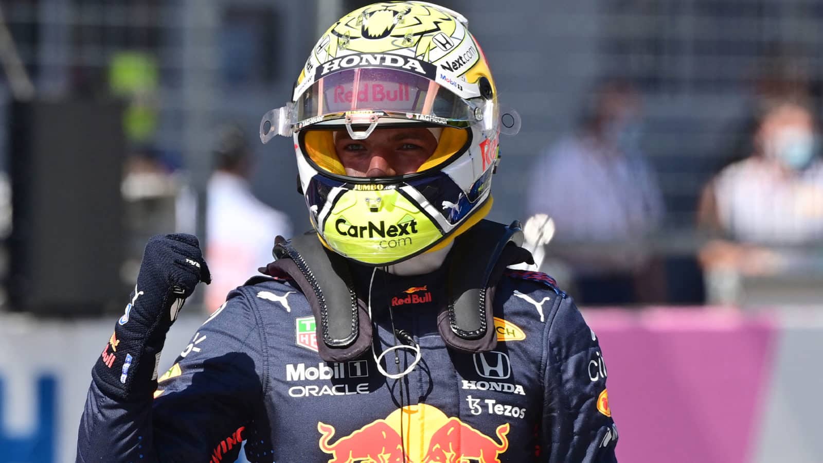 Red Bull's Dutch driver Max Verstappen celebrates after taking the pole position after the qualifying session at the Red Bull Ring race track in Spielberg, Austria, on June 26, 2021, ahead of the Formula One Styrian Grand Prix. (Photo by ANDREJ ISAKOVIC / AFP) (Photo by ANDREJ ISAKOVIC/AFP via Getty Images)