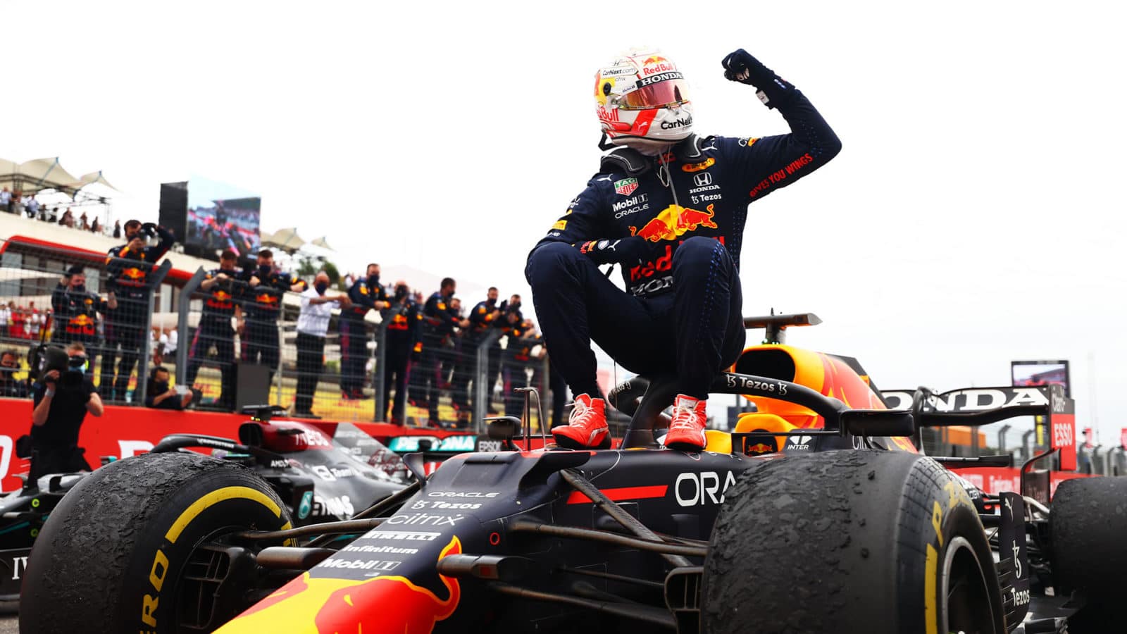 LE CASTELLET, FRANCE - JUNE 20: Race winner Max Verstappen of Netherlands and Red Bull Racing celebrates in parc ferme during the F1 Grand Prix of France at Circuit Paul Ricard on June 20, 2021 in Le Castellet, France. (Photo by Dan Istitene - Formula 1/Formula 1 via Getty Images)