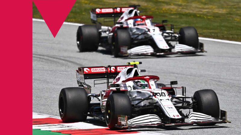 Alfa Romeo's Italian driver Antonio Giovinazzi (Front) und Alfa Romeo's Finnish driver Kimi Raikkonen drive during the third practice session at the Red Bull Ring race track in Spielberg, Austria, on July 3, 2021, ahead of the Formula One Austrian Grand Prix. (Photo by Joe Klamar / AFP) (Photo by JOE KLAMAR/AFP via Getty Images)