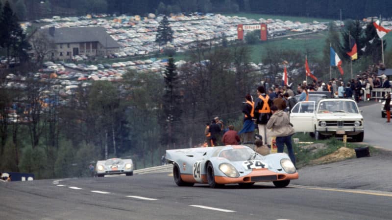 The Porsche 917K driven by Jo Siffert and Brian Redman at the Raidillon corner, followed by the sster car of Pedro Rodriguez and Leo Kinnunen, The Siffert/Redman car will win, Spa-Francochamps 1000Km. (Photo by Nigel Snowdon/Klemantaski Collection/Getty Images)