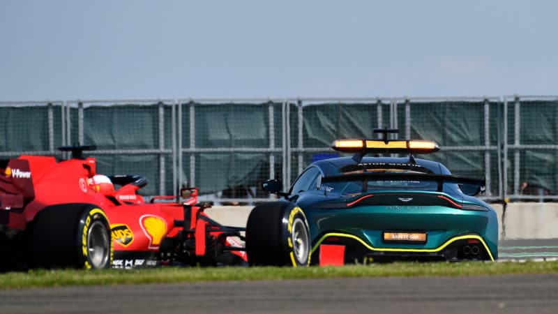 Charles Leclerc follows the safety car in the 2021 British Grand Prix