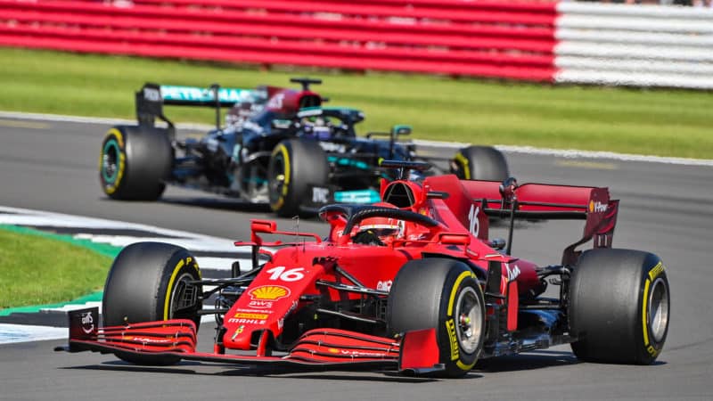 Charles Leclerc leads LEwis Hamilton in the 2021 British Grand Prix