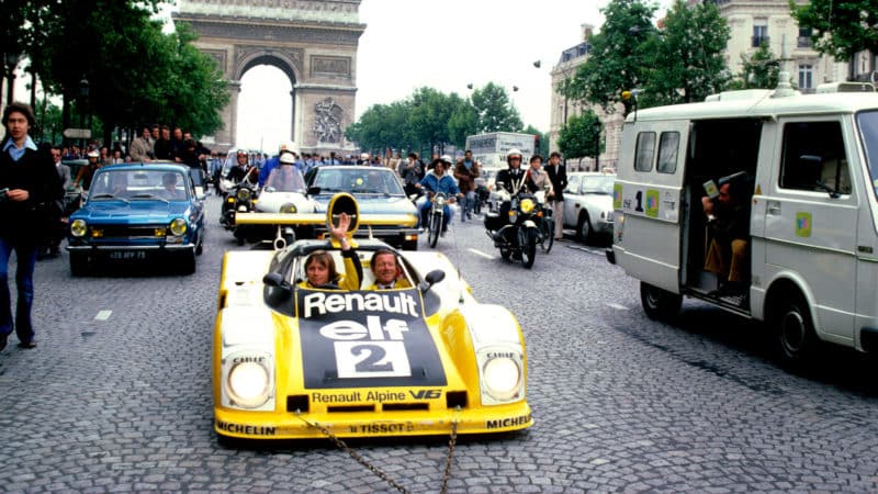 Didier Pironi and Jean-Pierre Jaussaud on the Champs Elysees in 1978 with Reanult-Alpine