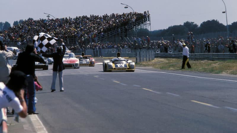Didier Pironi crosses the line to win for Renault-Alipine at Le Mans 1978
