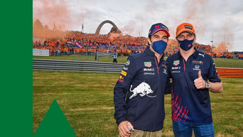 PEREZ Sergio (mex), Red Bull Racing Honda RB16B, and VERSTAPPEN Max (ned), Red Bull Racing Honda RB16B, portrait in front of their fans in the grandstands during the Formula 1 Grosser Preis Von Osterreich 2021, 2021 Austrian Grand Prix, 9th round of the 2021 FIA Formula One World Championship from July 2 to 4, 2021 on the Red Bull Ring, in Spielberg, Austria - Photo DPPI