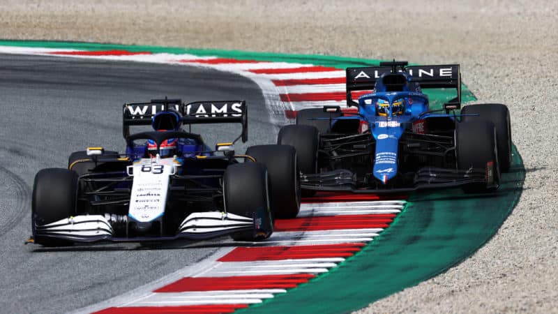 George Russell and Fernando Alonso battle at the 2021 Austrian Grand Prix
