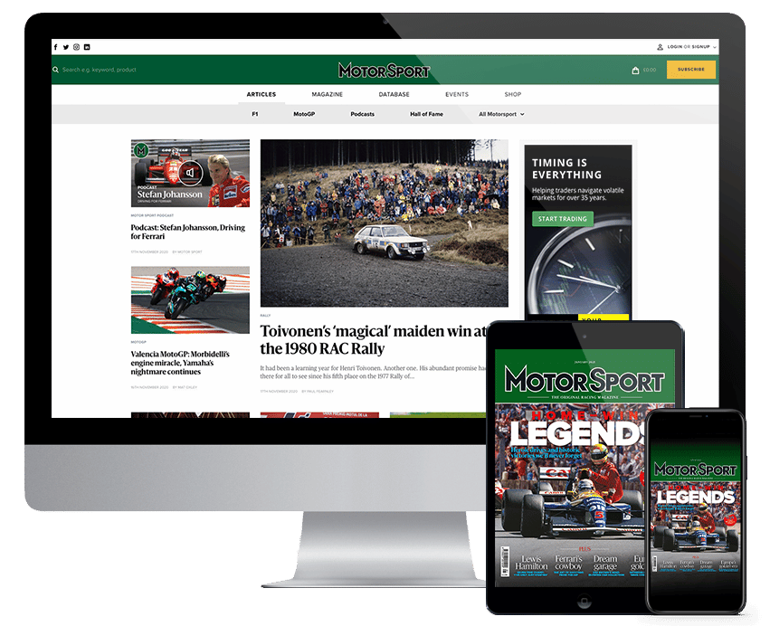 Motorsport Magazine website on Imac screen, Motorsport Magazine with F1 cover on an Ipad and iphone screen.