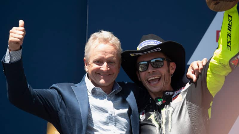 Kevin Schwantz and Valentino Rossi on the podium at COTA 2019