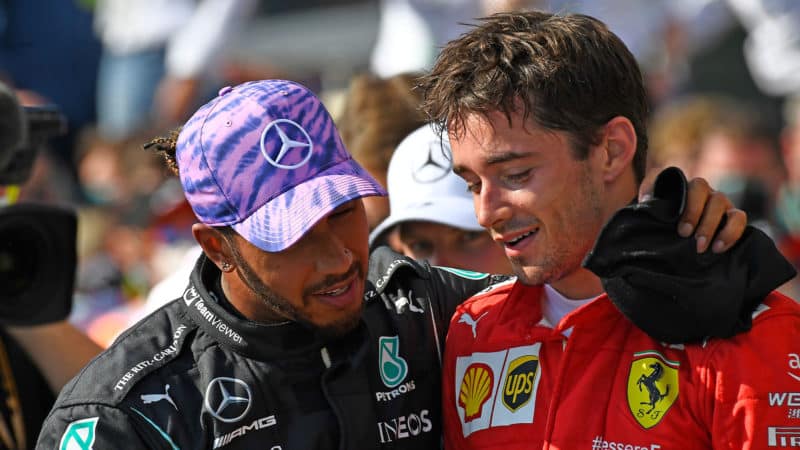 Lewis Hamilton (Mercedes) and Charles Leclerc (Ferrari) after the 2021 British Grand Prix at Silverstone. Photo: Grand Prix Photo