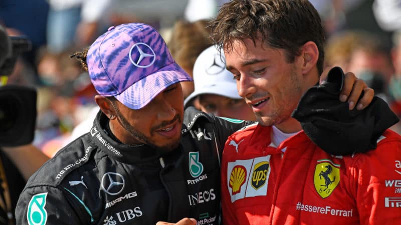 Lewis Hamilton and Charles Leclerc speaking after the 2021 British Grand Prix