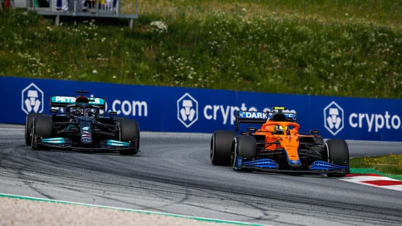 Lewis Hamilton battles with Lando Norris at the 2021 Austrian Grand Prix