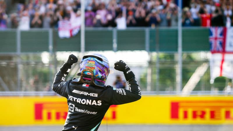 Lewis Hamilton celebrates after 2021 British Grand Prix qualifying