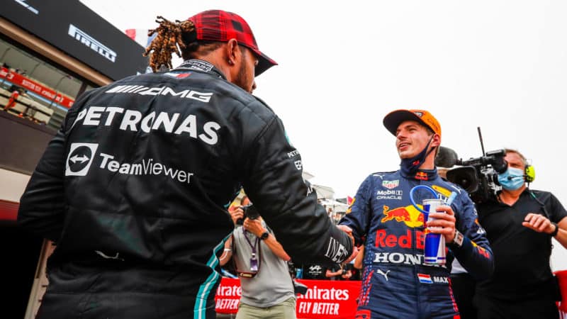 Lewis Hamilton shakes Max Verstappen's hand at the 2021 French Grand Prix