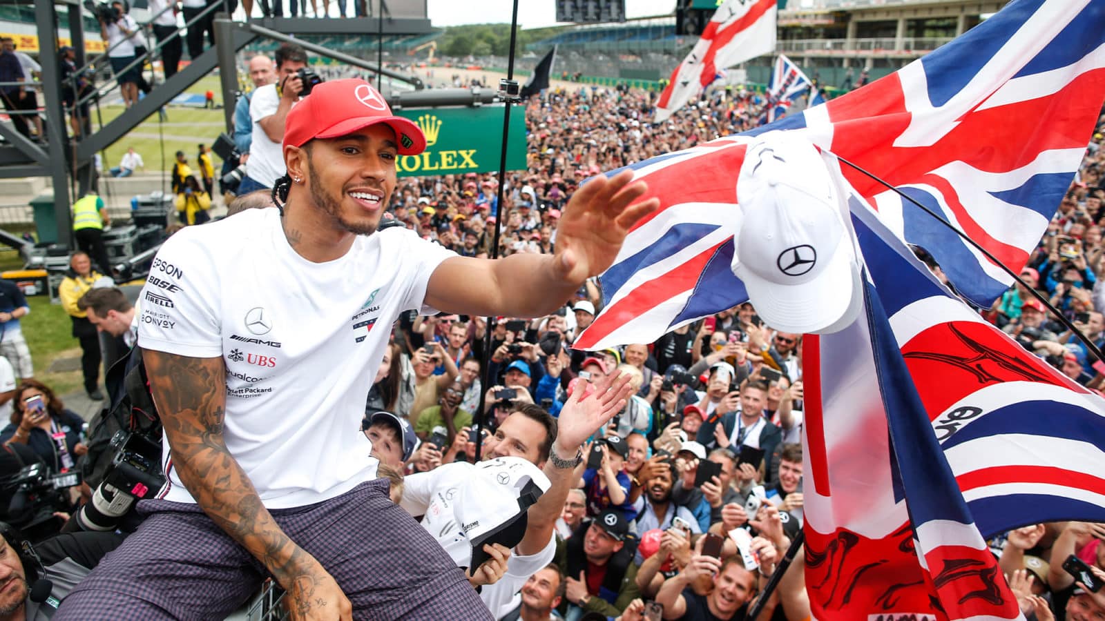 Lewis Hamilton with the Silverstone crowd at thge 2019 British Grand Prix