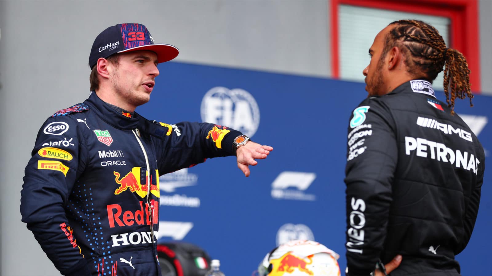 Max Verstappen speaks to Lewis Hamilton at the 2021 Emilia Romagna Grand Prix